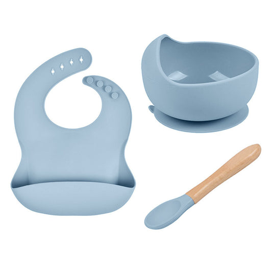 Baby Feeding Set – Silicone Bib, Wooden Spoon & Suction Bowl (3-Piece)