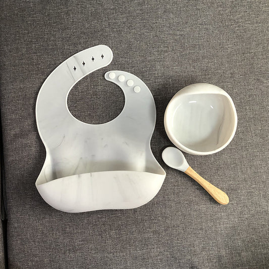 Baby Feeding Set – Silicone Bib, Wooden Spoon & Suction Bowl (3-Piece)